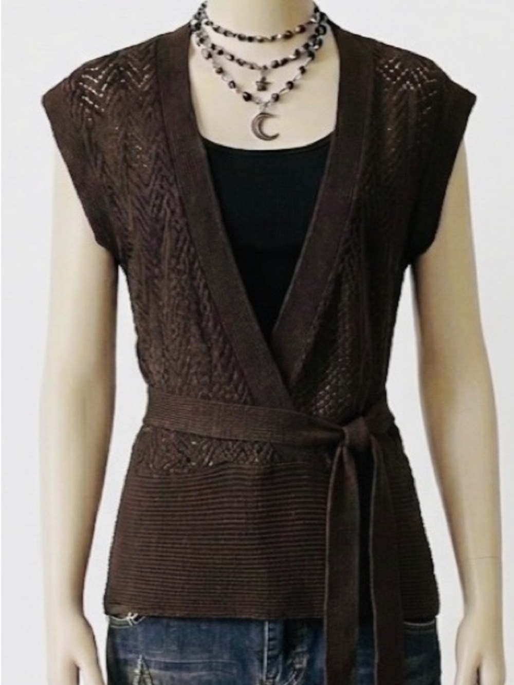 VTG Mexx Y2K Open Chevron Mesh Pointelle Knit Wrap Sweater Vest Top Brown Medium - Picture 2 of 12